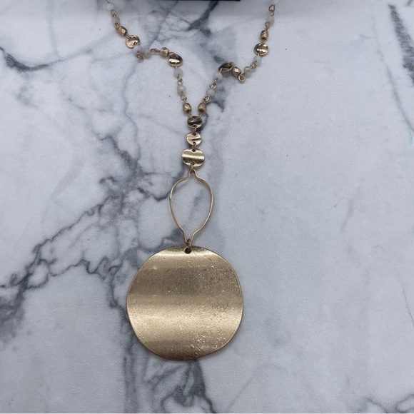 New envy Jade & Jasper Gold Tone Necklace Long Chain Circle Pendant - Picture 2 of 6